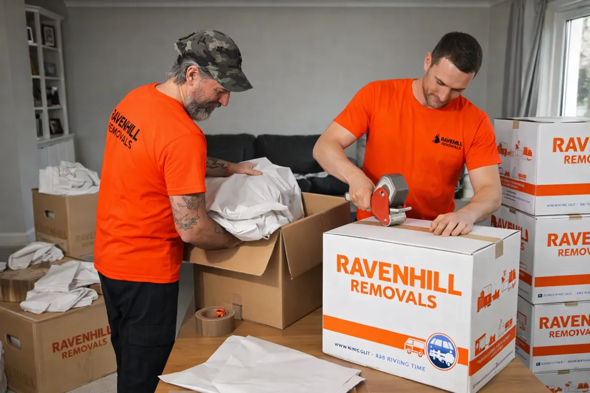 Ravenhill Removals team carefully packing household belongings into moving boxes Ravenhill Removals team carefully packing household belongings into moving boxes